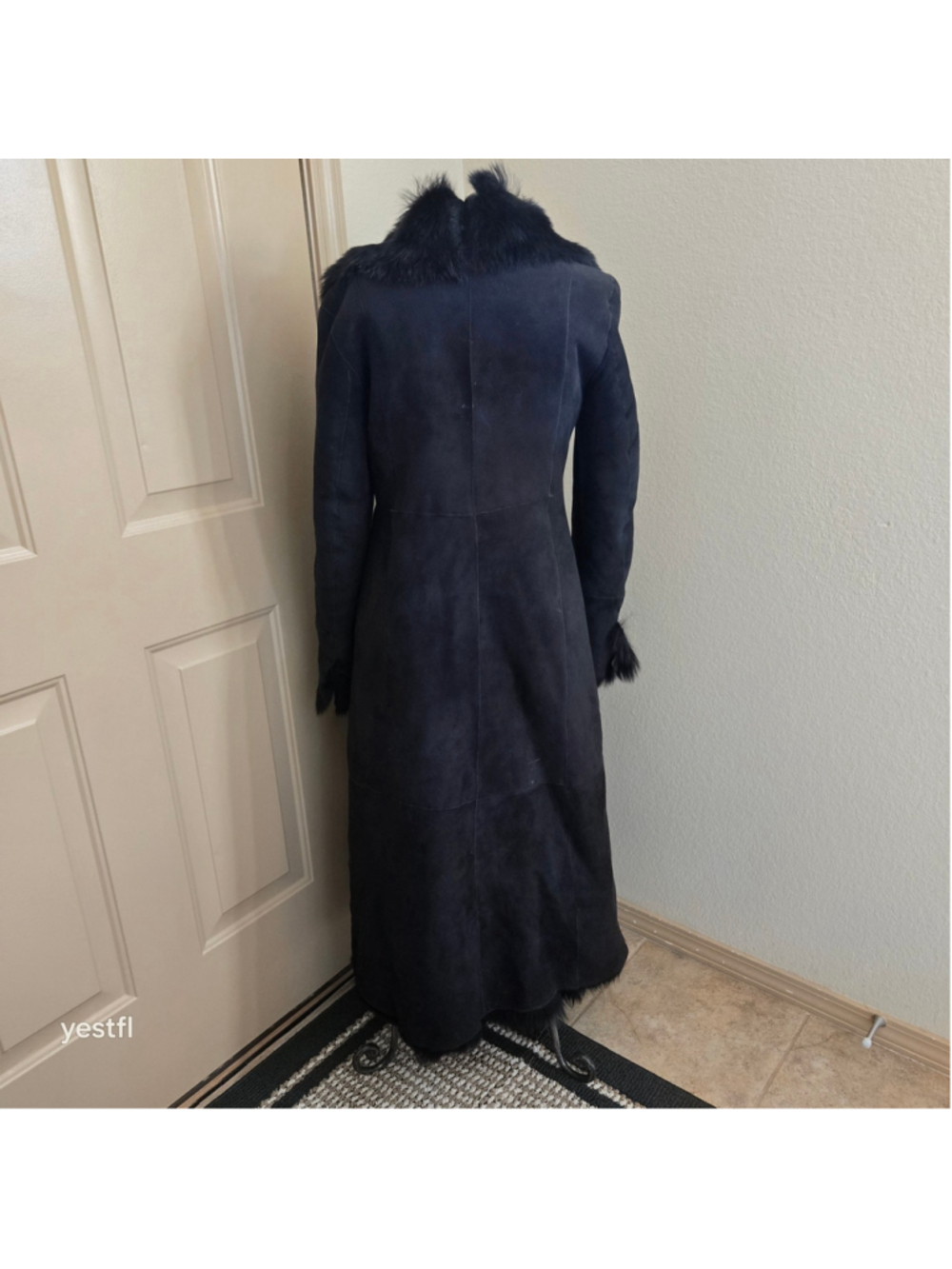 Cole Haan Black Genuine Shearling Long Coat Fur Trim Sz XS Penny Lane Luxury - Picture 12 of 16
